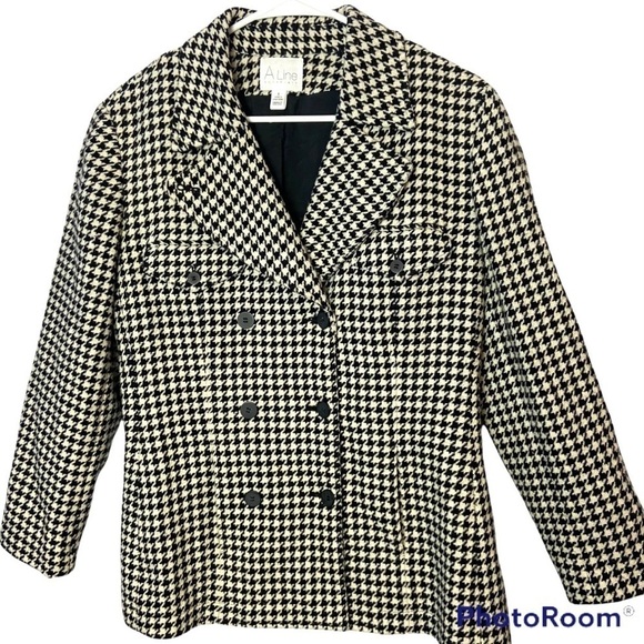 Anne Klein A-Line Wool Houndstooth Blazer Double Breasted Jacket Lined V… - Picture 1 of 11